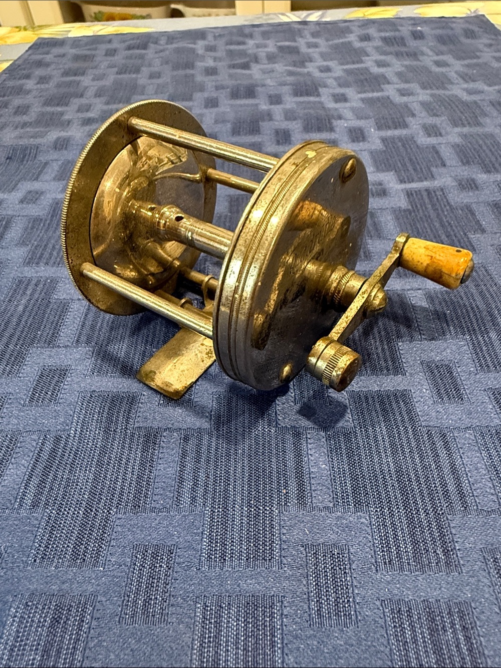 Vintage Quadruple Silver Fishing Reel with Wood Handle